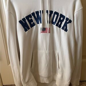 White "New York" Pullover Hoodie with Flag Patch